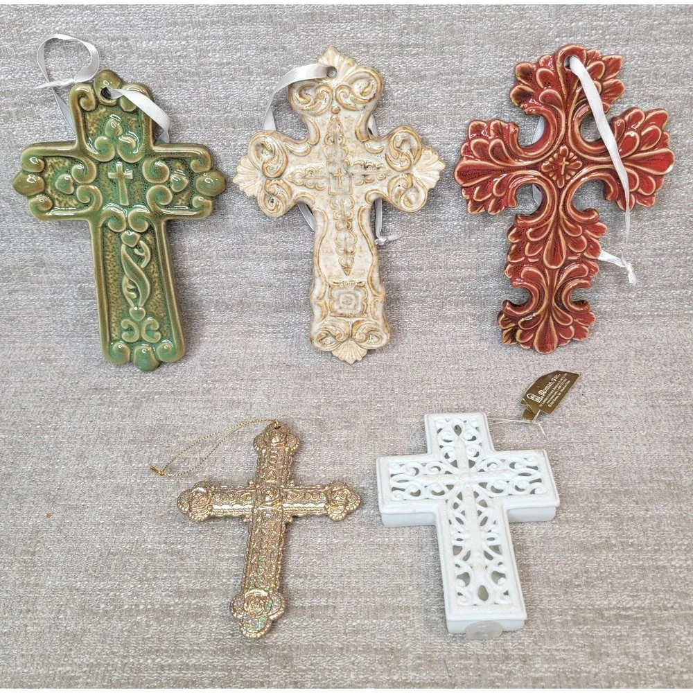5 Ceramic Porcelain Cross Christmas Ornaments White Gold Green‎ Roman Inc